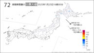 今日の72時間降雪量の日最大値の分布図