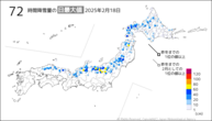 18日の72時間降雪量の日最大値の分布図