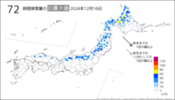 16日の72時間降雪量の日最大値の分布図