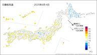4日の最低気温の分布図