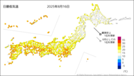 16日の最低気温の分布図
