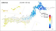 15日の最低気温の分布図