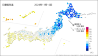 16日の最低気温の分布図