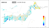 16日の最低気温平年差の分布図