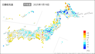 19日の最低気温平年差の分布図