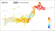 20日の最低気温平年差の分布図