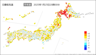 今日の最低気温平年差の分布図