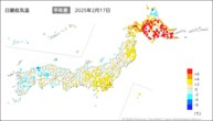 17日の最低気温平年差の分布図