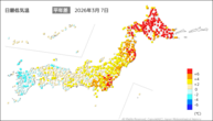 7日の最低気温平年差の分布図