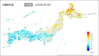 9日の最低気温平年差の分布図