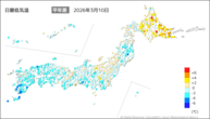10日の最低気温平年差の分布図