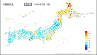 一昨日の最低気温平年差の分布図
