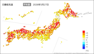 27日の最低気温平年差の分布図