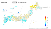 31日の最低気温平年差の分布図