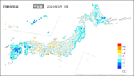 1日の最低気温平年差の分布図