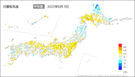 3日の最低気温平年差の分布図