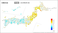 4日の最低気温平年差の分布図