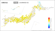 21日の最低気温平年差の分布図