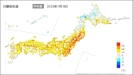 9日の最低気温平年差の分布図