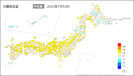 10日の最低気温平年差の分布図