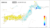 12日の最低気温平年差の分布図