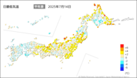 昨日の最低気温平年差の分布図