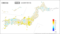 31日の最低気温平年差の分布図