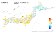1日の最低気温平年差の分布図