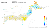 16日の最低気温平年差の分布図