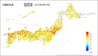 8日の最低気温平年差の分布図