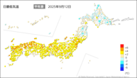 昨日の最低気温平年差の分布図