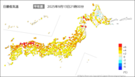 今日の最低気温平年差の分布図