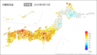 15日の最低気温平年差の分布図