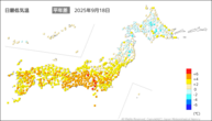 今日の最低気温平年差の分布図