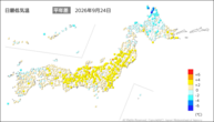 24日の最低気温平年差の分布図