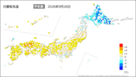 26日の最低気温平年差の分布図