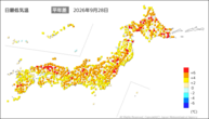 昨日の最低気温平年差の分布図