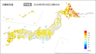 今日の最低気温平年差の分布図