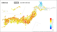 6日の最低気温平年差の分布図