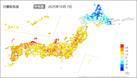 7日の最低気温平年差の分布図