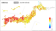 8日の最低気温平年差の分布図