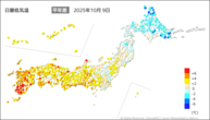 9日の最低気温平年差の分布図