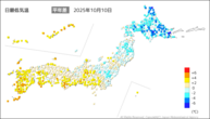 10日の最低気温平年差の分布図