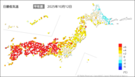 昨日の最低気温平年差の分布図