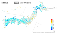 28日の最低気温平年差の分布図