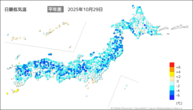 29日の最低気温平年差の分布図