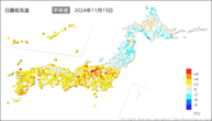 13日の最低気温平年差の分布図