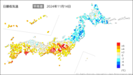 14日の最低気温平年差の分布図