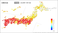 15日の最低気温平年差の分布図