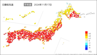 17日の最低気温平年差の分布図